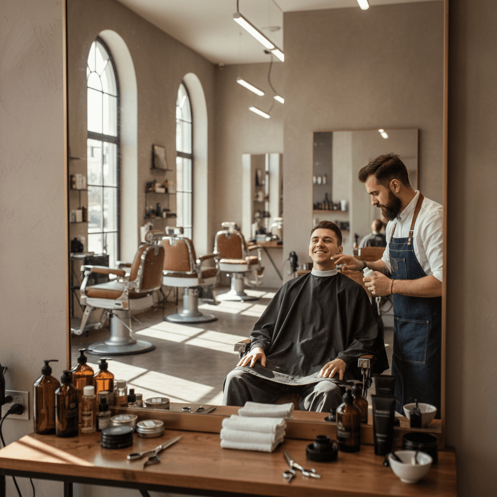 Professional barber finishing grooming service