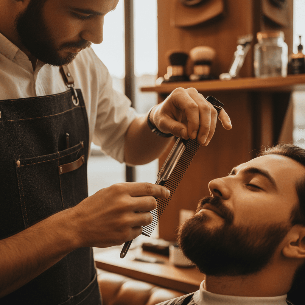 Barber performing a detailed beard trim with straight razor technique