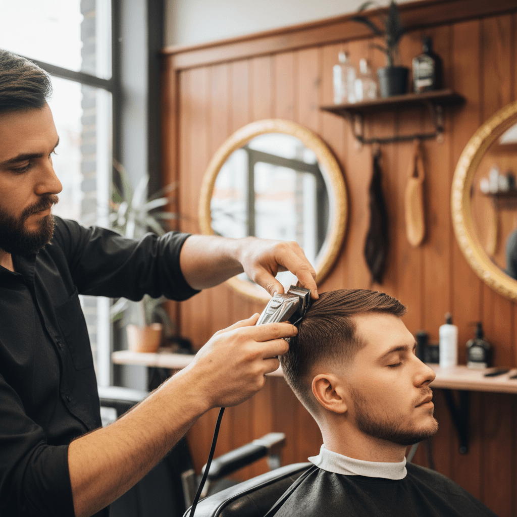 Professional barber performing a precise haircut fade with clippers
