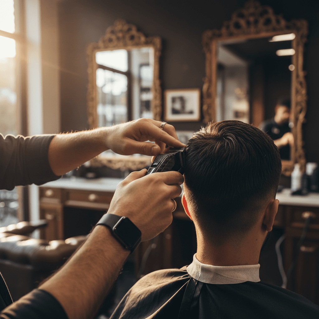 Barber performing precise haircut with clippers on client in well-lit Miami barbershop