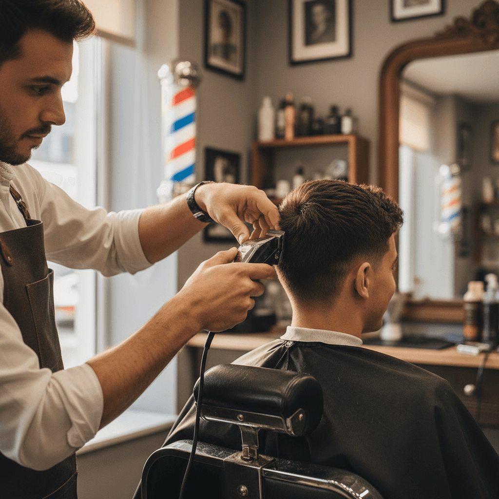 Professional barber performing a custom haircut design in a Miami barbershop