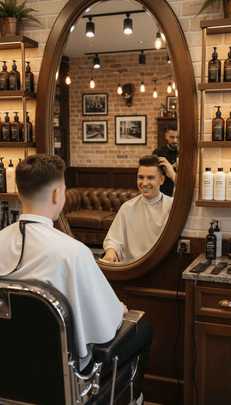 Client inspecting his fresh haircut in the mirror with satisfaction