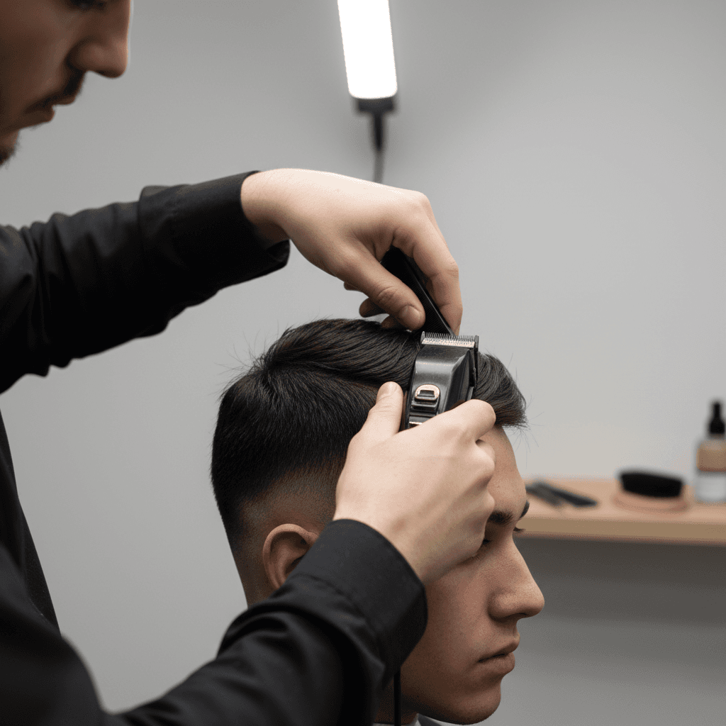 Detailed view of a professional fade haircut showing precise blending and edge work